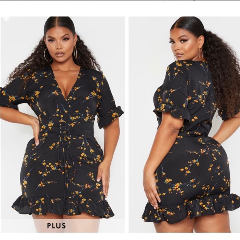 PRETTYLITTLETHING Black and Yellow Floral Dress